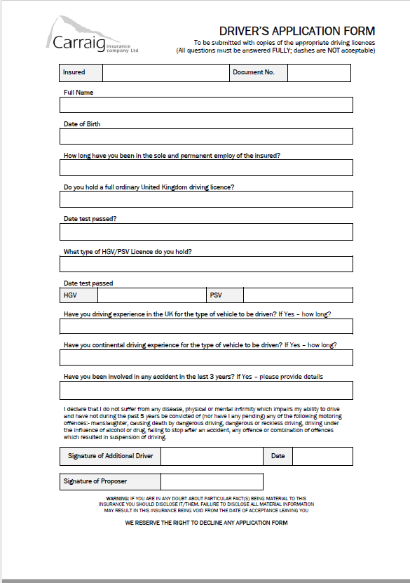 Carraig Driver Application Form